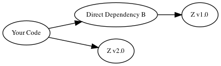 digraph {
    rankdir="LR";
    node [fontsize=10]

    yc [label="Your Code"]
    db [label="Direct Dependency B"]
    dtz1 [label="Z v1.0"]
    dtz2 [label="Z v2.0"]

    yc -> db -> dtz1;
    yc -> dtz2;
}