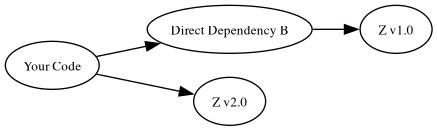 digraph {
    rankdir="LR";
    node [fontsize=10]

    yc [label="Your Code"]
    db [label="Direct Dependency B"]
    dtz1 [label="Z v1.0"]
    dtz2 [label="Z v2.0"]

    yc -> db -> dtz1;
    yc -> dtz2;
}